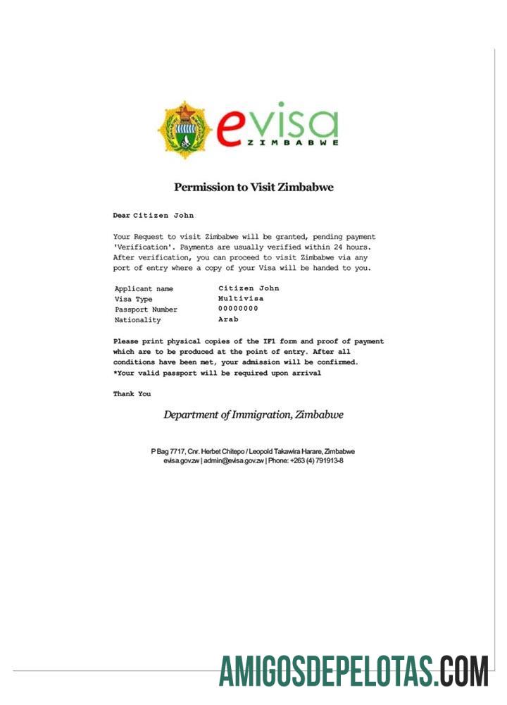 Visto eletrônico de viagem para o Zimbábue amostra